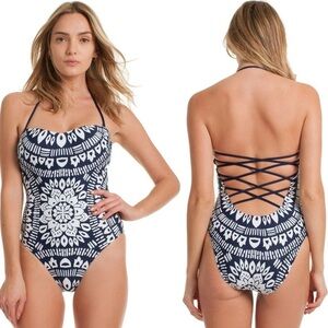 Trina Turk-Indochine Midnight Strappy Back Bandeau 1 Piece Swimsuit NWT size 12